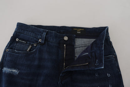 Blue Cotton Skinny Tattered Denim Jeans