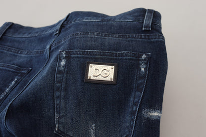 Blue Cotton Skinny Tattered Denim Jeans
