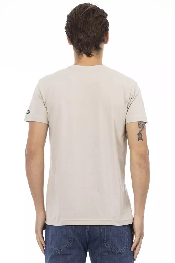 Beige Cotton Men V-neck T-shirt