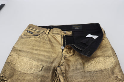 Gold Cotton Tattered Skinny Men Denim Jeans