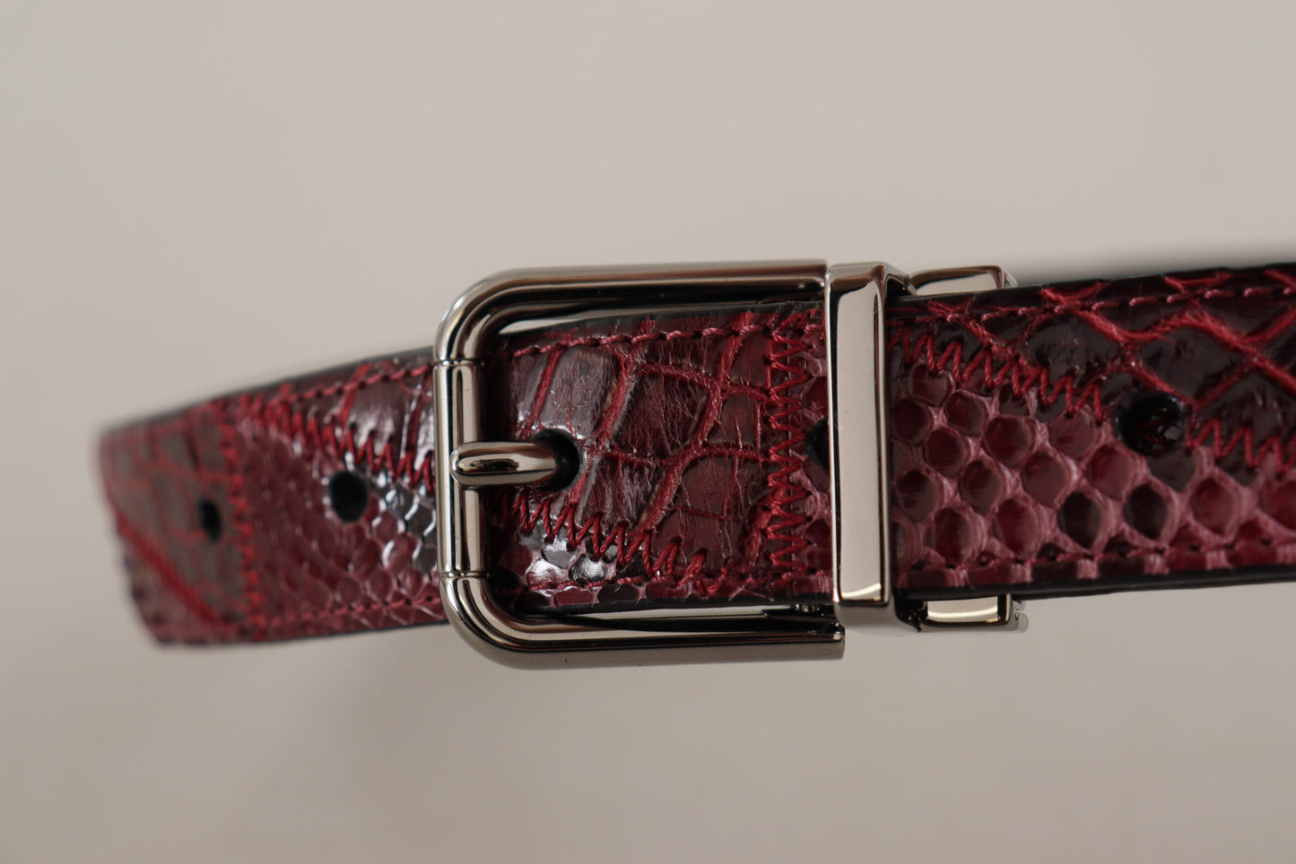 Red Exotic Leather Metal Logo Buckle Belt