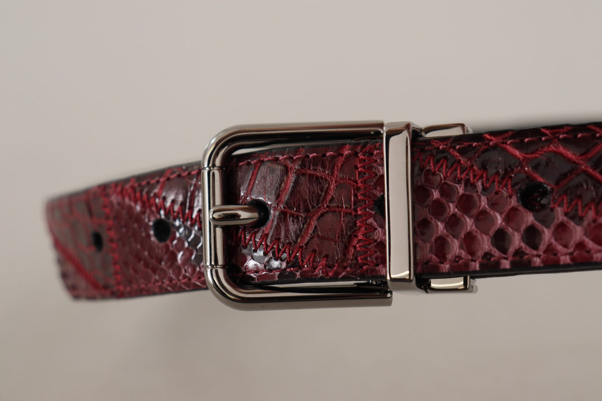 Red Exotic Leather Metal Logo Buckle Belt