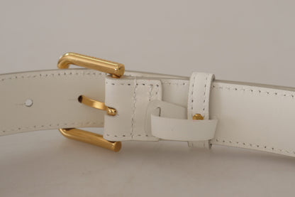 White Calf Leather Gold Tone Logo Metal Buckle Belt