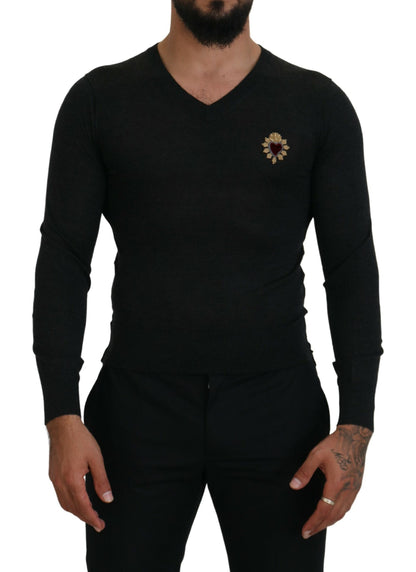 Gray Cashmere V-neck Gold Heart Sweater