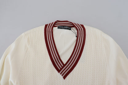 White Red Knitted V-neck Pullover Sweater