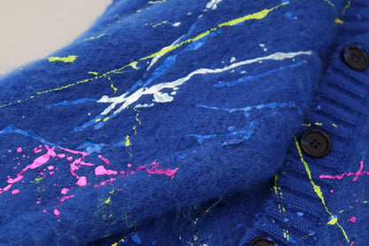 Blue Color Splash Mohair Cardigan  Sweater