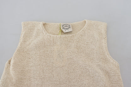 Beige Cotton Blend Sleeveless Round Neck Tank Top