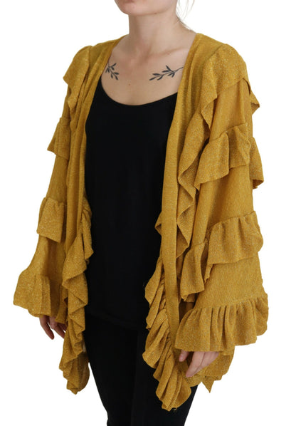 Gold Long Sleeves Ruffled Women Cardigan Sweater