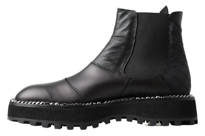 Black Leather Slip on Stretch Boots