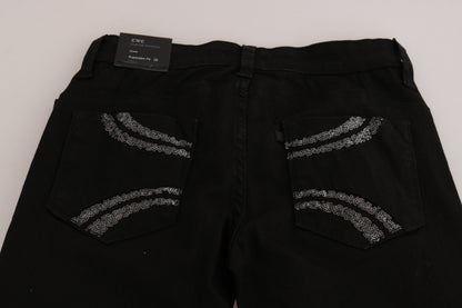 Black Sequined Mid Waist Slim Fit Denim Jeans