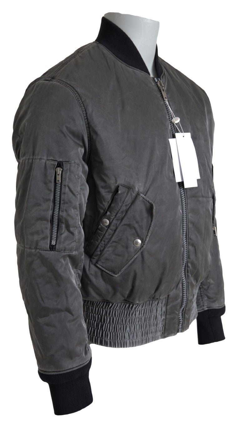 Gray Bomber Zipper Pocket Sleeves Jacket