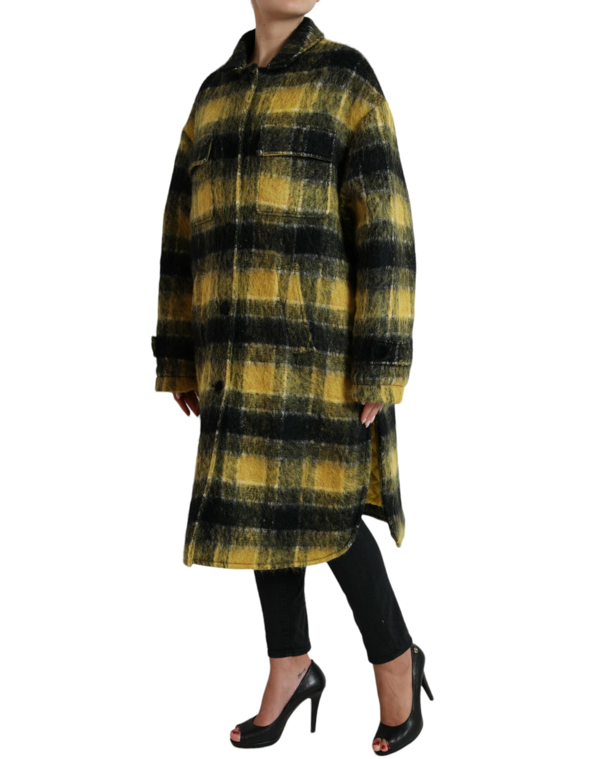 Yellow Plaid Long Sleeve Casual Coat Jacket