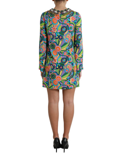 Multicolor Geometric Print Silk Crystals Midi Dress
