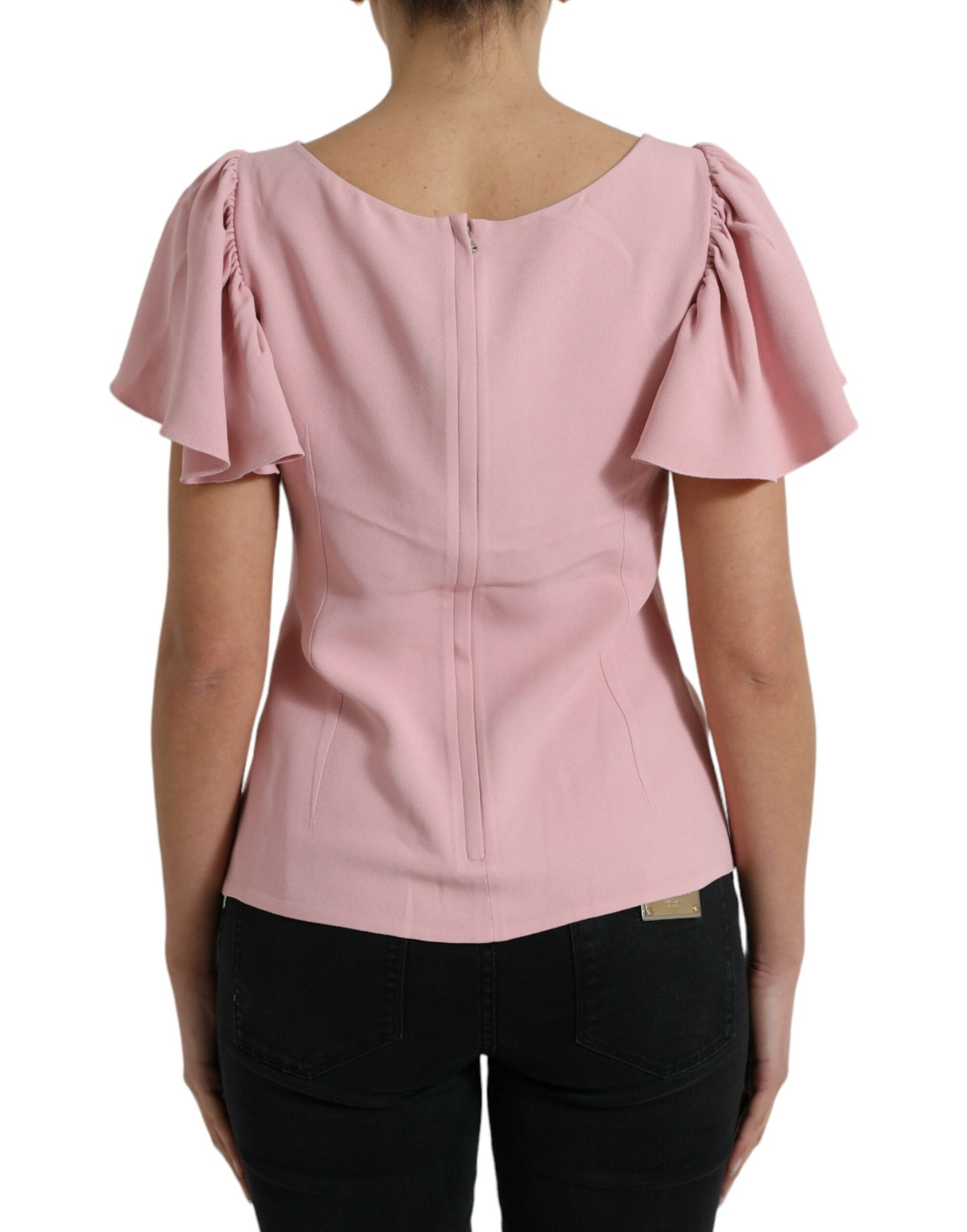 Pink Short Sleeves Round Neck Blouse Top