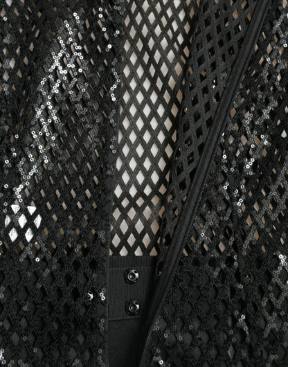 Black Sequined Sleeveless Mesh Layered Gown Dress