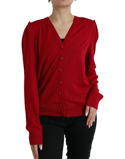 Red Wool V-neck Buttoned Cardigan Sweater