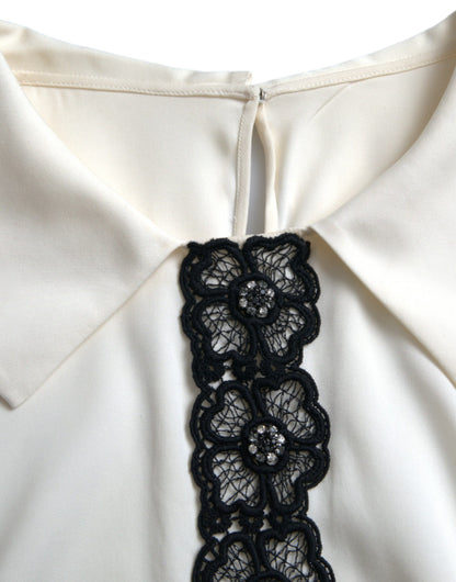 Off White Silk Lace Trim Short Sleeves Top