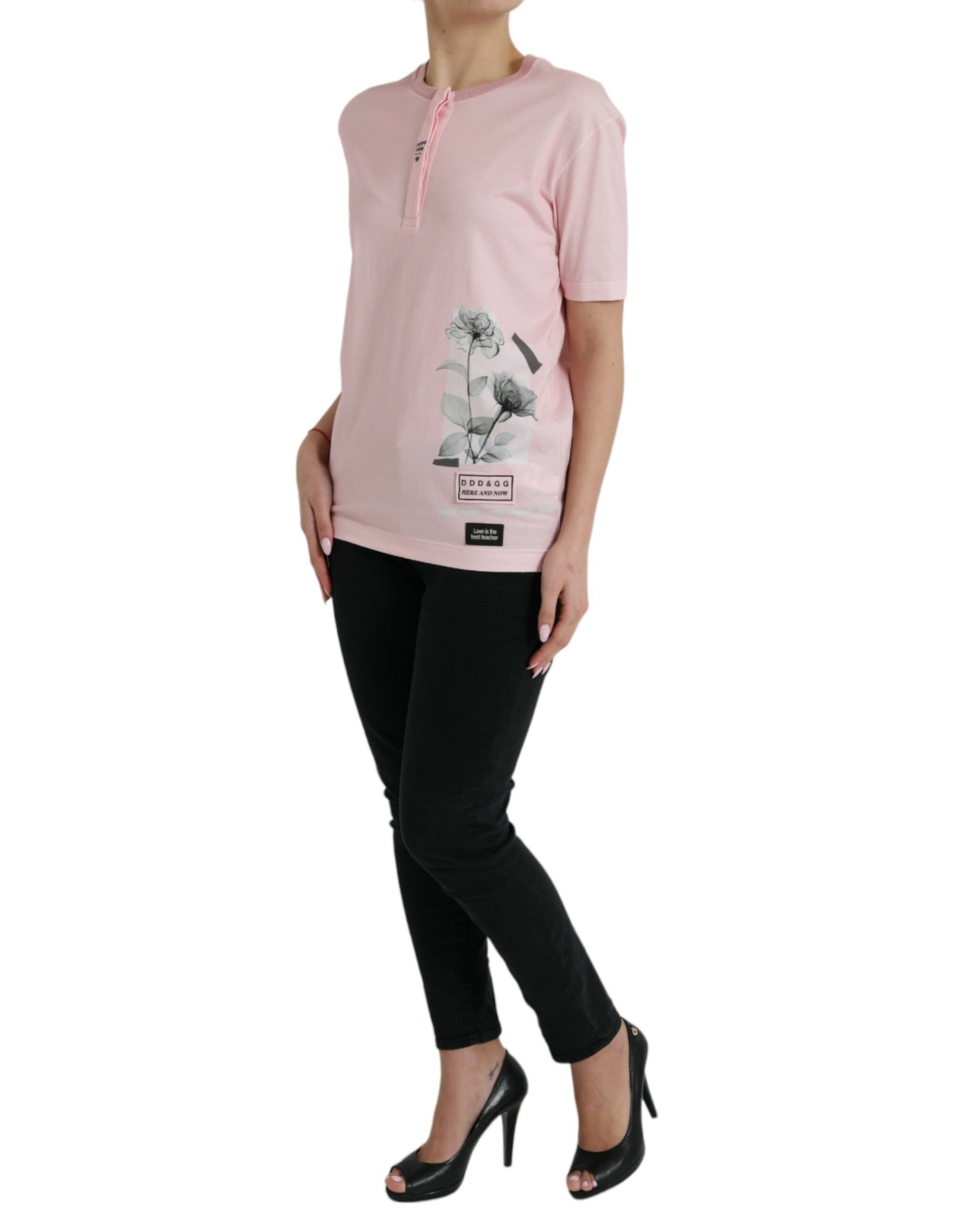 Pink Floral Print Cotton Short Sleeves T-shirt