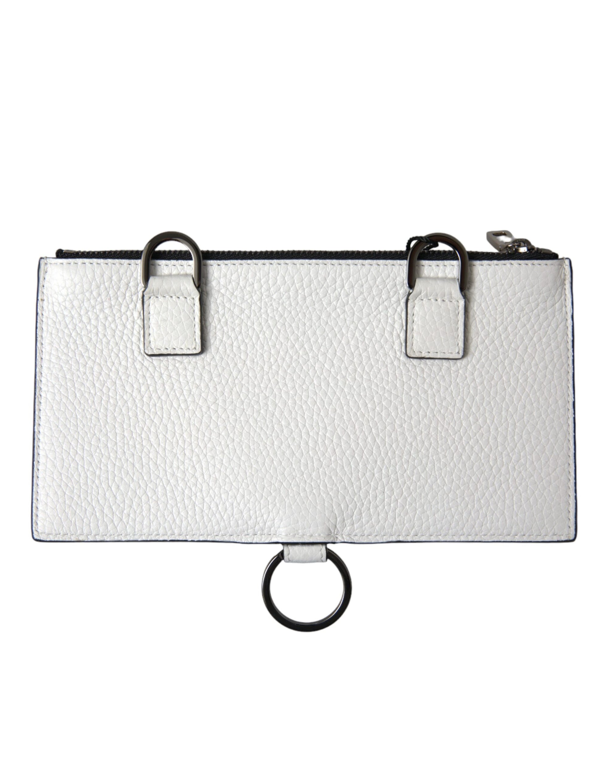 White Calfskin Leather Large Crossbody Card Holder Wallet