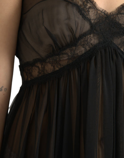 Black Silk Pleated Lace Chiffon Mini Dress