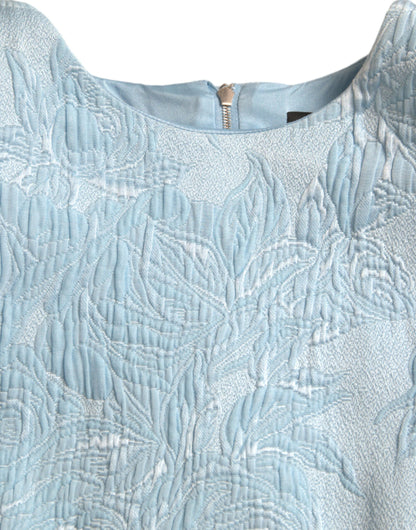 Light Blue Floral Jacquard Puff Sleeve Mini Dress