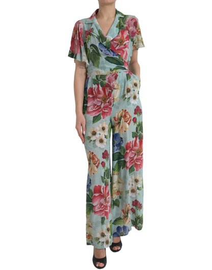 Blue Floral Wide Leg Wrap Jumpsuit Dress