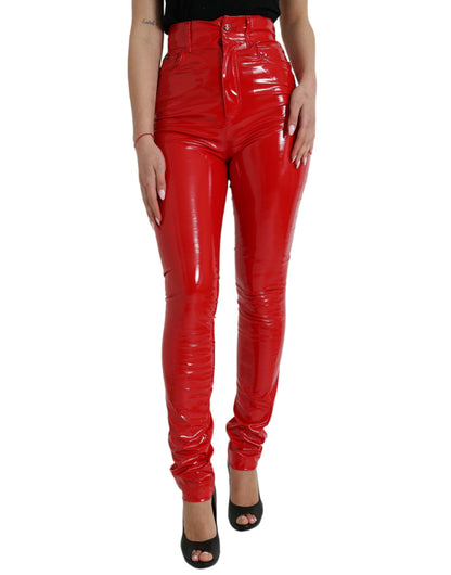 Shiny Red High Waist Skinny Pants