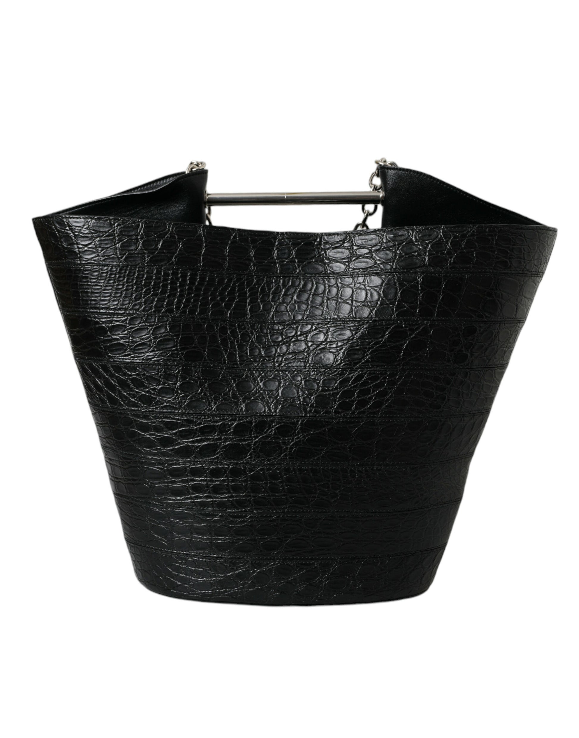 Black Exotic Skin Leather Maxi Bucket Tote Purse Bag