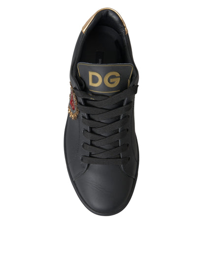 Black Leather Heart Embellished Sneakers Shoes