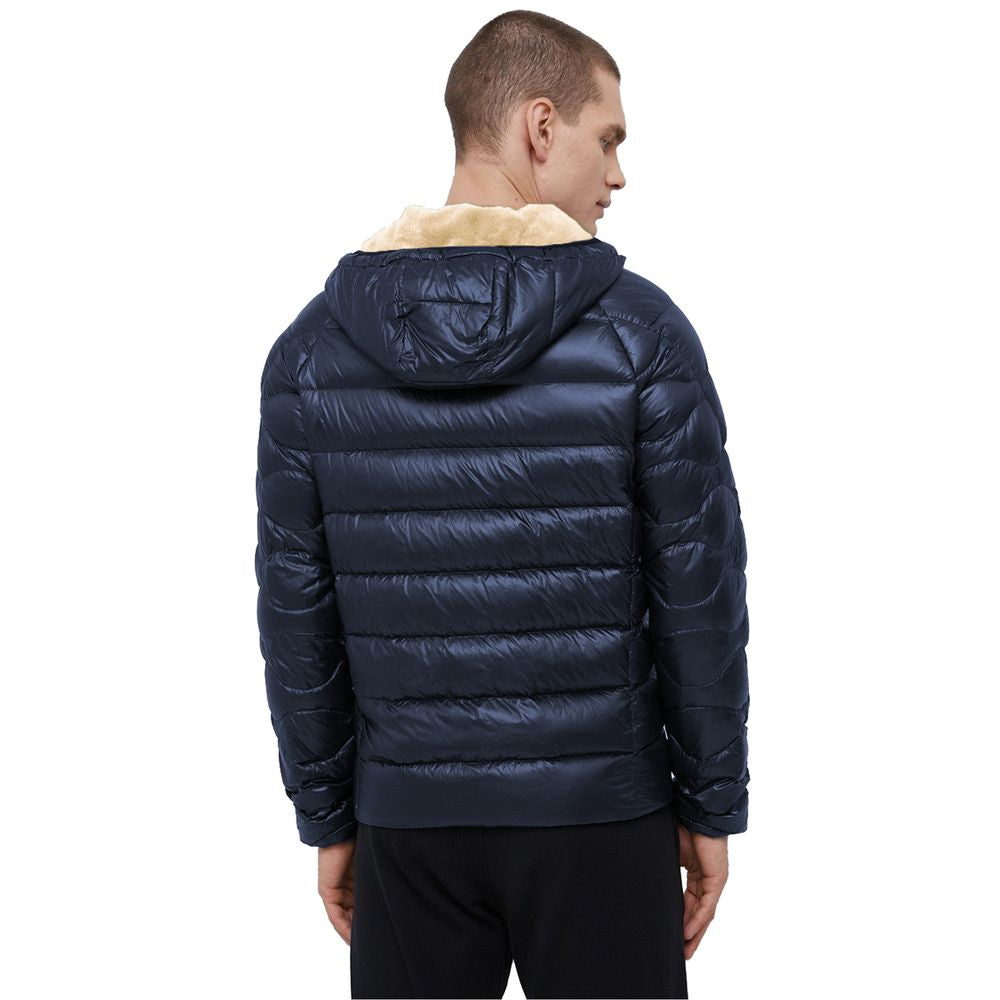 Blue Nylon Men Jacket with Slim Fit and Feather Padding