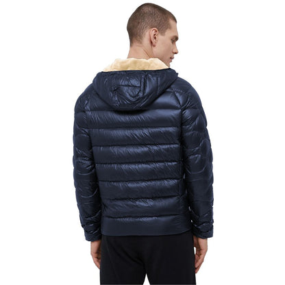 Blue Nylon Men Jacket with Slim Fit and Feather Padding