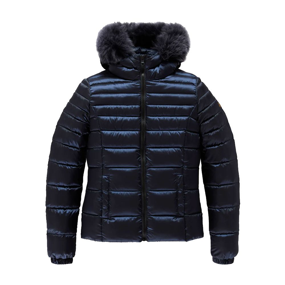 Blue Nylon Women Jacket with Feather Padding and Fur Hood