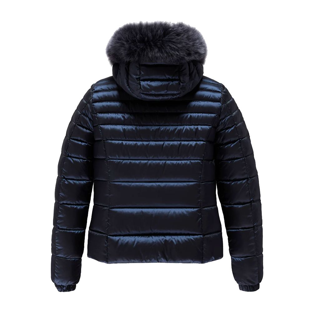 Blue Nylon Women Jacket with Feather Padding and Fur Hood