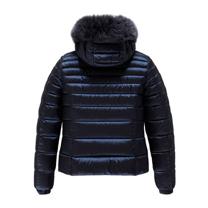 Blue Nylon Women Jacket with Feather Padding and Fur Hood