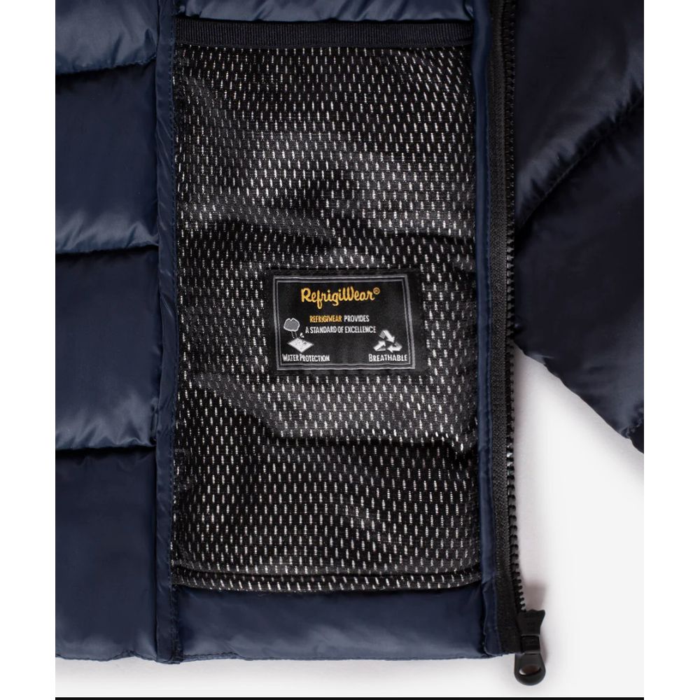 Blue Nylon Women Jacket with Feather Padding and Fur Hood