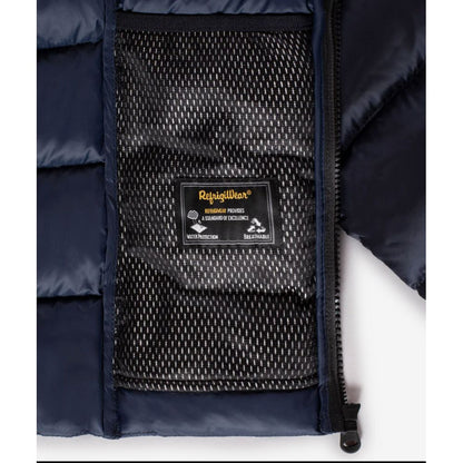 Blue Nylon Women Jacket with Feather Padding and Fur Hood