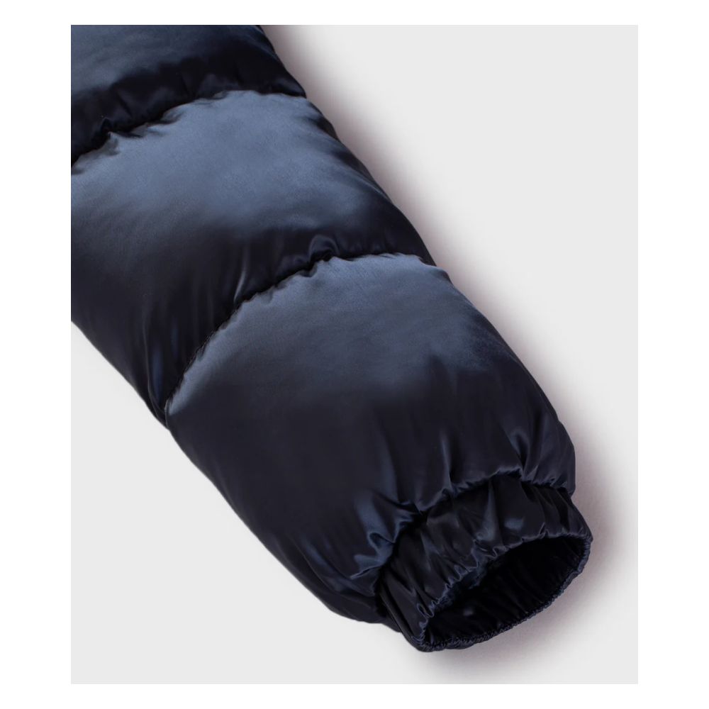 Blue Nylon Women Jacket with Feather Padding and Fur Hood