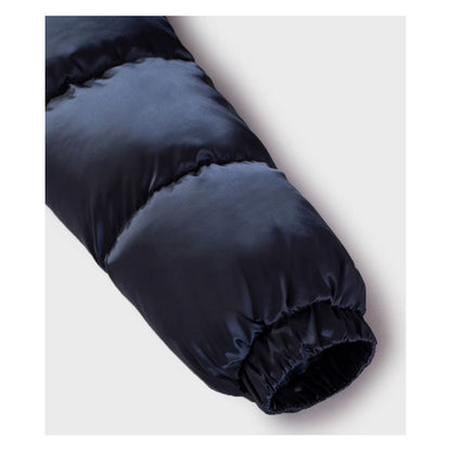 Blue Nylon Women Jacket with Feather Padding and Fur Hood