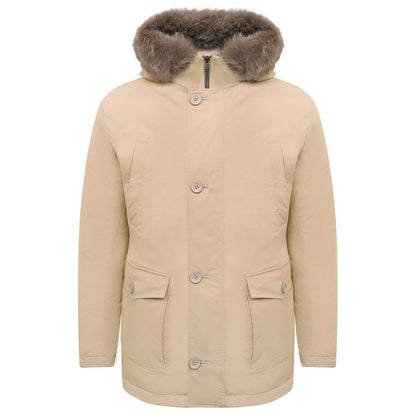 Beige Nylon Men Jacket with Fur-Trimmed Hood