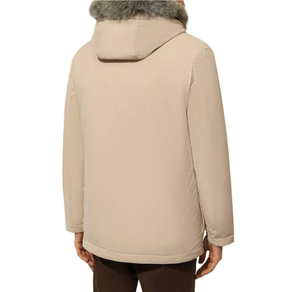 Beige Nylon Men Jacket with Fur-Trimmed Hood