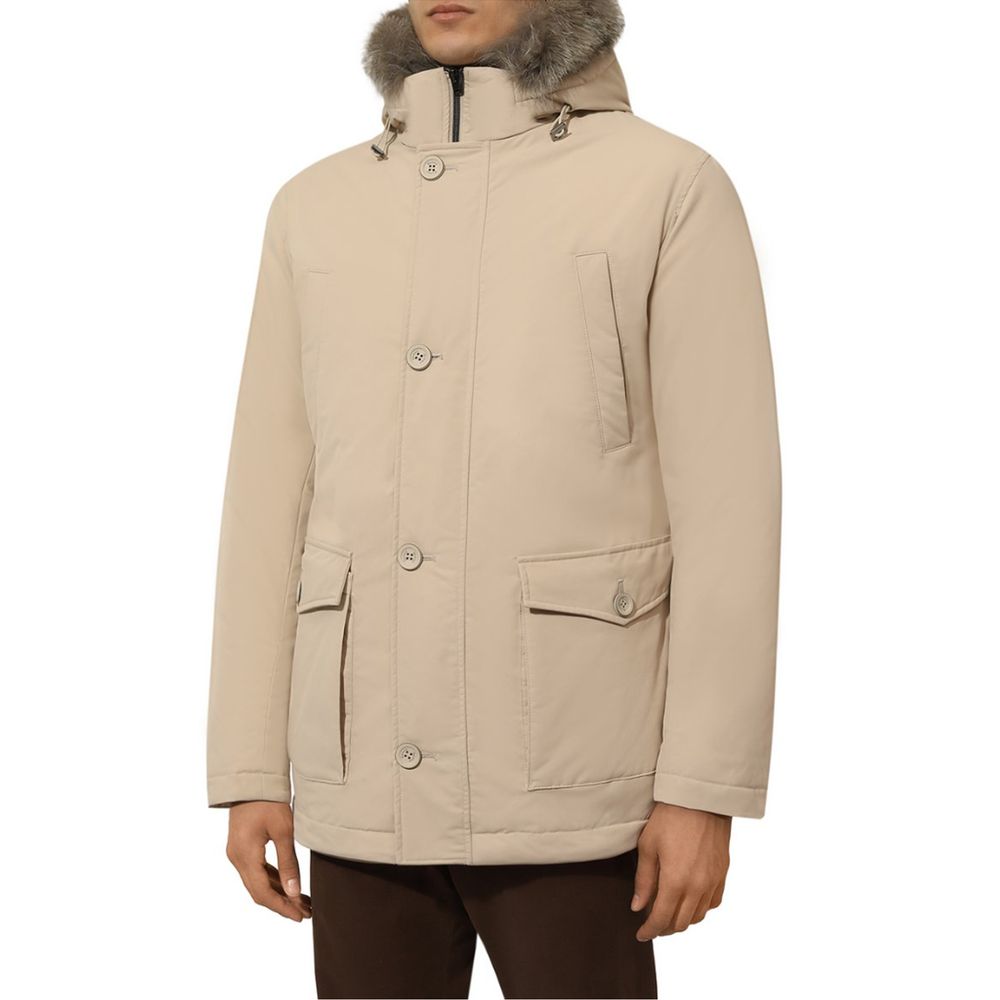 Beige Nylon Men Jacket with Fur-Trimmed Hood