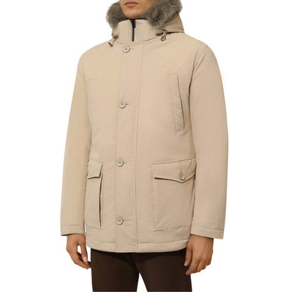 Beige Nylon Men Jacket with Fur-Trimmed Hood