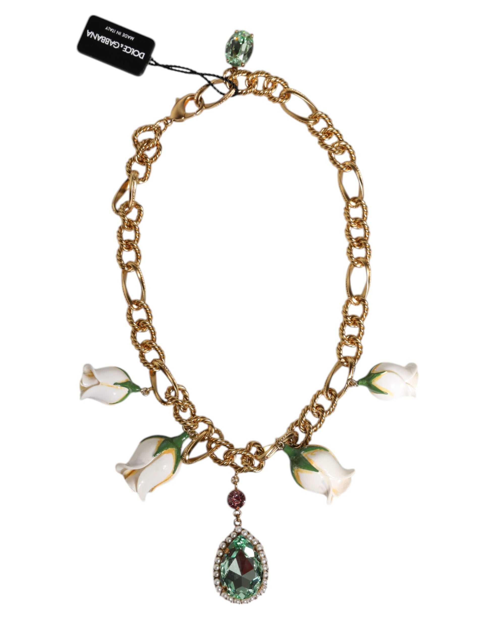 Gold Brass Short Chain Flower Crystal Pendant Necklace