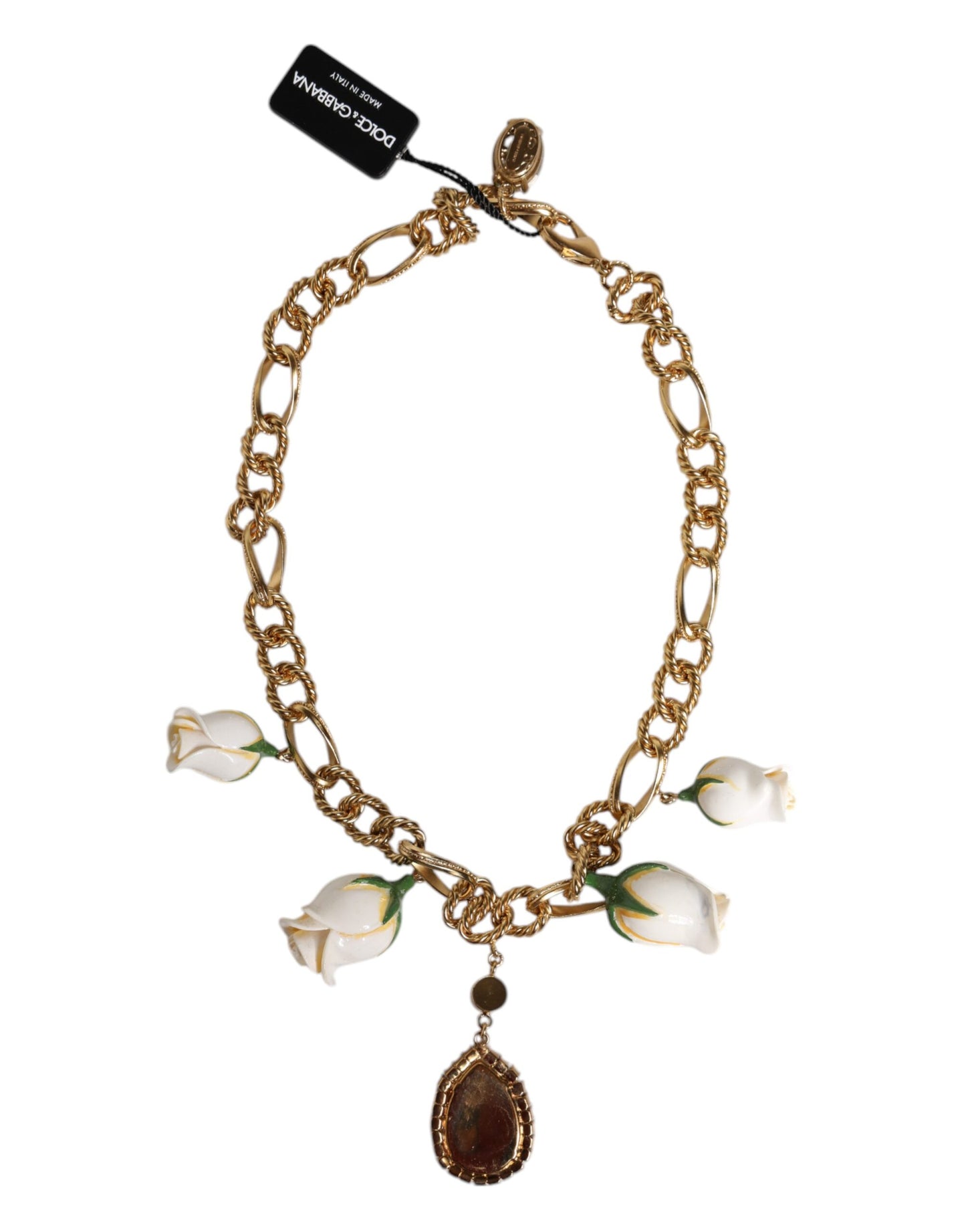 Gold Brass Short Chain Flower Crystal Pendant Necklace