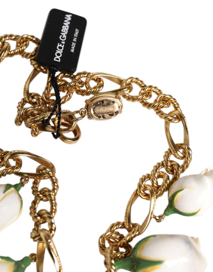 Gold Brass Short Chain Flower Crystal Pendant Necklace