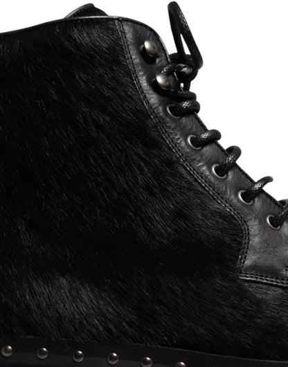 Black Pony Style Leather Mid Calf Boots Shoes
