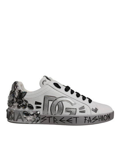 White Silver Crystal Logo Portofino Sneakers Shoes