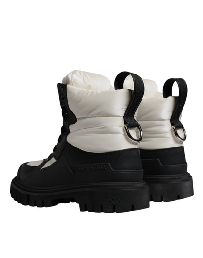 Black White Padded Mid Calf Lace Up Boots Shoes
