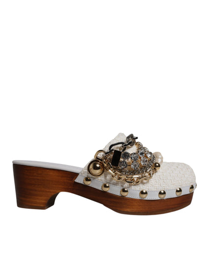 White Raffia Clogs Bejeweled Chain Sandals Shoes