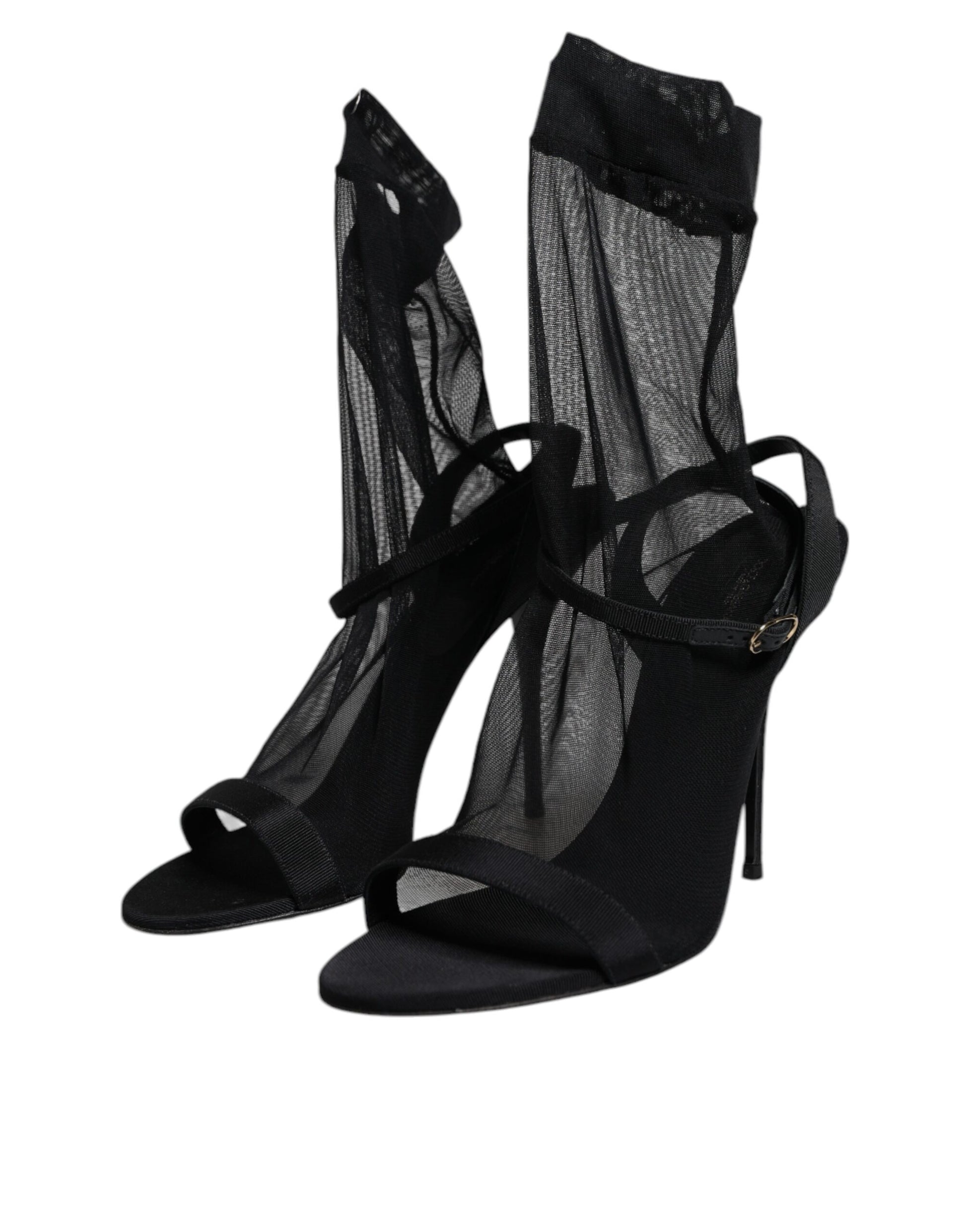 Black Tulle Stretch Heels Sandals Shoes